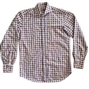 Canali Men's Button Down Gingham Check Purple Blue Cream M EUC